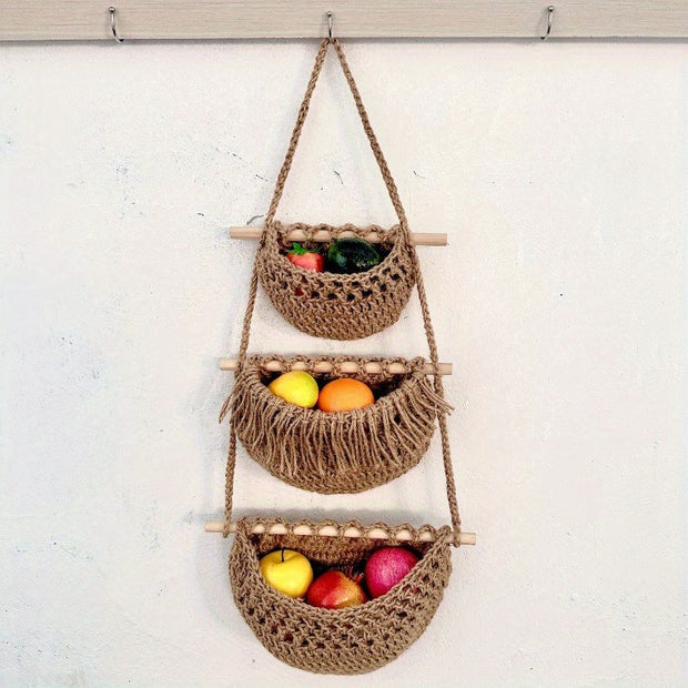 BohoHaven - Woven Wall Basket with 6 Hooks