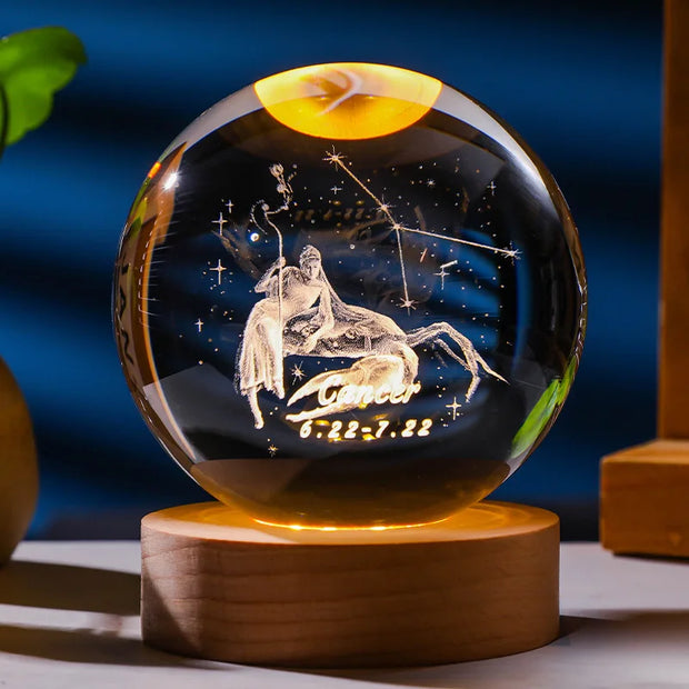 GlowOrbit - Crystal Star Solar System Lamp with Wooden Base